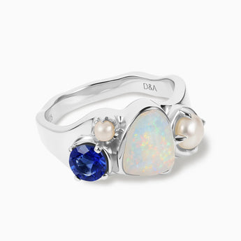 925 Sterling Silver Raw Opal & Round Blue Sapphire Wavy Ring - Rolling Tides Front View