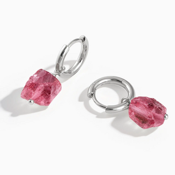 925 Sterling Silver Raw Pink Tourmaline Drop Hoop Earrings - Untamed Grace Front View