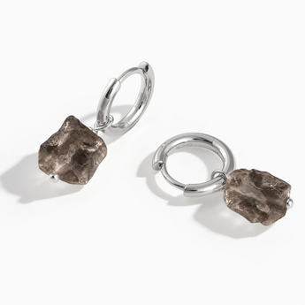 925 Sterling Silver Raw Smoky Quartz Drop Hoop Earrings - Untamed Grace Front View