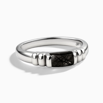 925 Sterling Silver Rectangle Black Rutilated Quartz Cabochon Ring Axis Front View