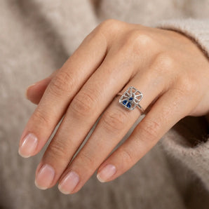 925 Sterling Silver Rectangle Blue Sapphire Cutout Web Shaker Ring - Lunar Matrix Model Shot