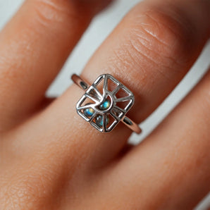 925 Sterling Silver Rectangle Labradorite Cutout Web Shaker Ring - Lunar Matrix Model Shot