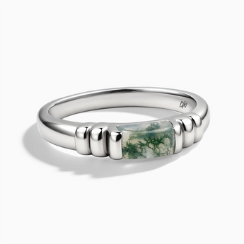 925 Sterling Silver Rectangle Moss Agate Cabochon Ring Axis Front View