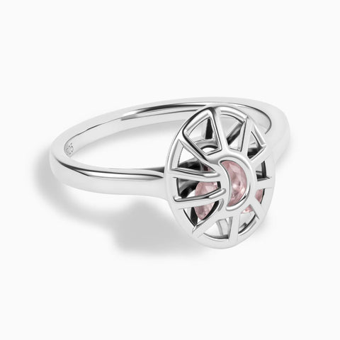 925 Sterling Silver Rose Quartz Crescent Moon Hollow Oval Shaker Ring - Soul Cage Angled Front View