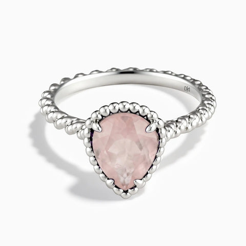 925 Sterling Silver Rose Quartz Pear Ring - Still Light Front View
