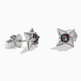 925 Sterling Silver Round Alexandrite Four Point Star Stud Earrings - Wishkeeper Front View