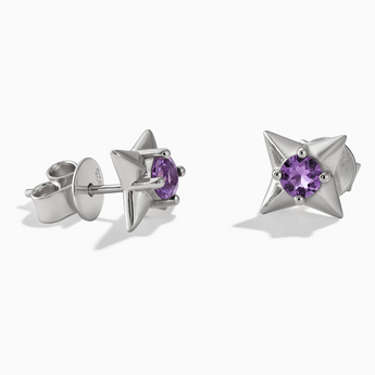 925 Sterling Silver Round Amethyst Four Point Star Stud Earrings - Wishkeeper Front View