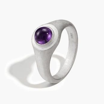 925 Sterling Silver Round Amethyst Sandblasted Ring - Matte Sculpt Side View