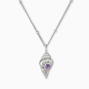 925 Sterling Silver Round Amethyst Sun Conch Necklace - Tidal Glow Front View