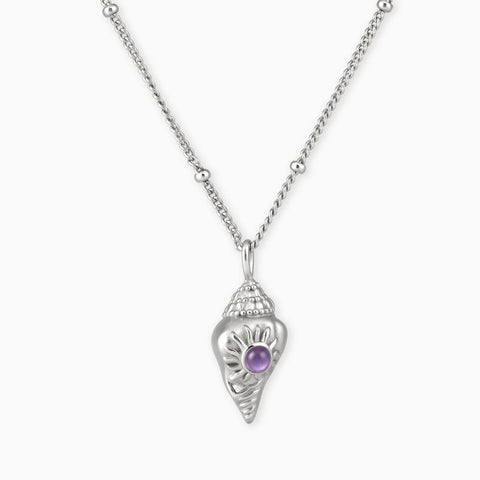 925 Sterling Silver Round Amethyst Sun Conch Necklace - Tidal Glow Front View