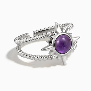 925 Sterling Silver Round Amethyst Sunburst Twisted Ring - Soleil Ray Front View