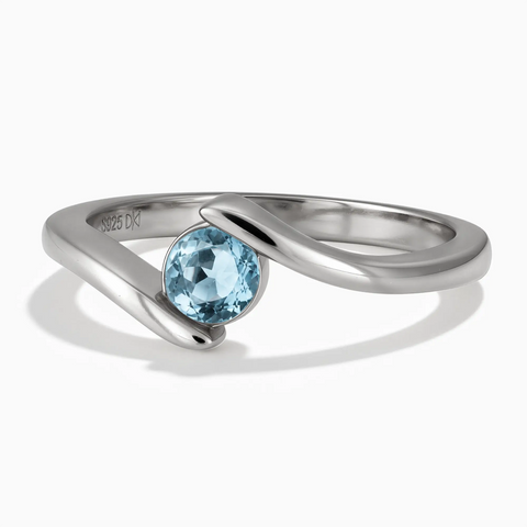 925 Sterling Silver Round Aquamarine Bypass Ring - Soft Haven Front View