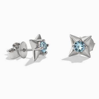 925 Sterling Silver Round Aquamarine Four Point Star Stud Earrings - Wishkeeper Front View