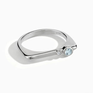 925 Sterling Silver Round Aquamarine Puzzle Stacking Ring - Minimal Still Front View
