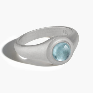 925 Sterling Silver Round Aquamarine Sandblasted Ring - Matte Sculpt Front View