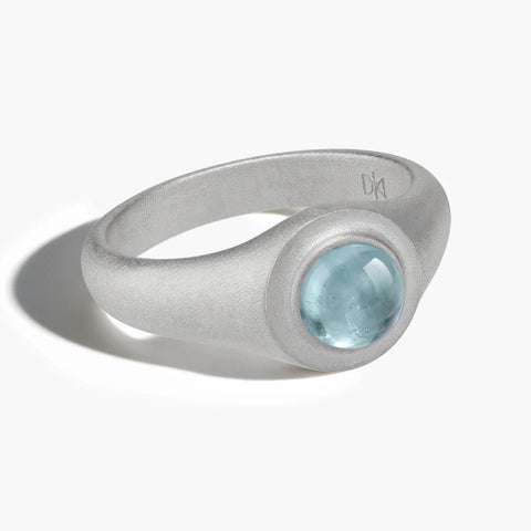925 Sterling Silver Round Aquamarine Sandblasted Ring - Matte Sculpt Front View