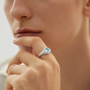 925 Sterling Silver Round Aquamarine Sandblasted Ring - Matte Sculpt Worn View