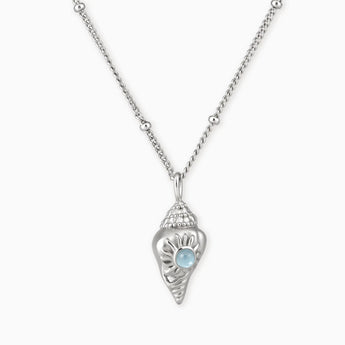 925 Sterling Silver Round Aquamarine Sun Conch Necklace - Tidal Glow Front View