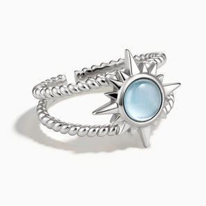 925 Sterling Silver Round Aquamarine Sunburst Twisted Ring - Soleil Ray Front View