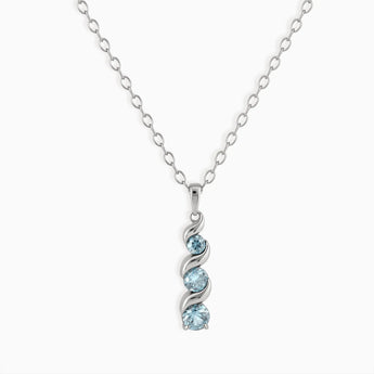 925 Sterling Silver Round Aquamarine Triple Gemstone Twisted Necklace - Spiral Rondo Front View