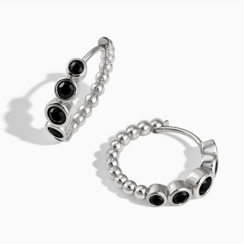 925 Sterling Silver Round Black Onyx Bezel Hoop Earrings - Beaded Reverie Front View