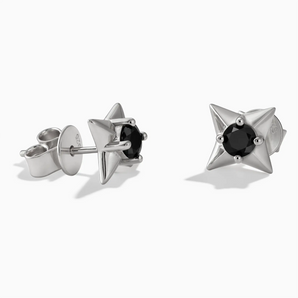 925 Sterling Silver Round Black Onyx Four Point Star Stud Earrings - Wishkeeper Front View