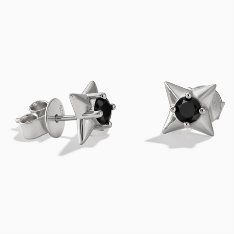 925 Sterling Silver Round Black Onyx Four Point Star Stud Earrings - Wishkeeper Front View