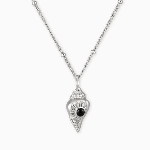 925 Sterling Silver Round Black Onyx Sun Conch Necklace - Tidal Glow Front View