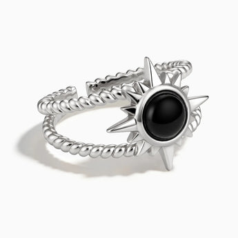 925 Sterling Silver Round Black Onyx Sunburst Twisted Ring - Soleil Ray Front View