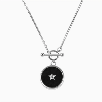 925 Sterling Silver Round Black Onyx Toggle Clasp Necklace - Inner Star Front View