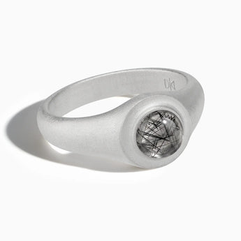925 Sterling Silver Round Black Rutilated Quartz Sandblasted Ring - Matte Sculpt Front View