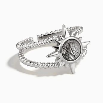 925 Sterling Silver Round Black Rutilated Quartz Sunburst Twisted Ring - Soleil Ray Front View