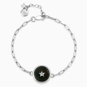 925 Sterling Silver Round Bloodstone Paperclip Bracelet - Solo Star Front View