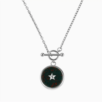 925 Sterling Silver Round Bloodstone Toggle Clasp Necklace - Inner Star Front View