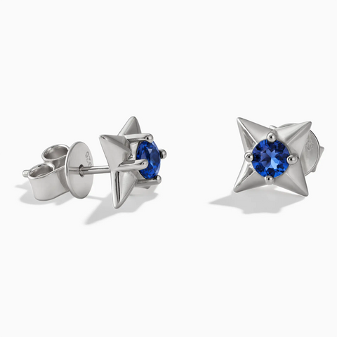 925 Sterling Silver Round Blue Sapphire Four Point Star Stud Earrings - Wishkeeper Front View