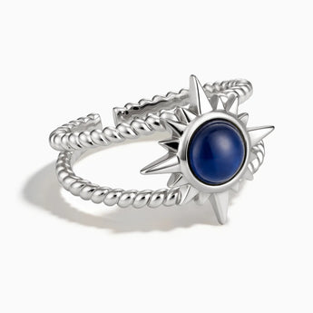 925 Sterling Silver Round Blue Sapphire Sunburst Twisted Ring - Soleil Ray Front View