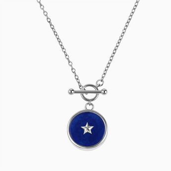 925 Sterling Silver Round Blue Sapphire Toggle Clasp Necklace - Inner Star Front View