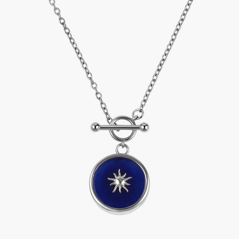925 Sterling Silver Round Blue Sapphire Toggle Clasp Necklace - Inner Sun Front View