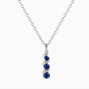 925 Sterling Silver Round Blue Sapphire Triple Gemstone Twisted Necklace - Spiral Rondo Front View