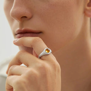 925 Sterling Silver Round Citrine Sandblasted Ring - Matte Sculpt Worn View