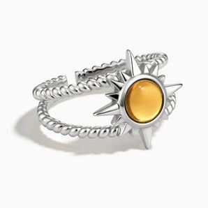 925 Sterling Silver Round Citrine Sunburst Twisted Ring - Soleil Ray Front View