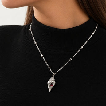925 Sterling Silver Round Garnet Sun Conch Necklace Tidal Glow Model Shot Close Up