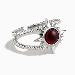 925 Sterling Silver Round Garnet Sunburst Twisted Ring - Soleil Ray Front View