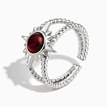 925 Sterling Silver Round Garnet Sunburst Twisted Ring - Soleil Ray Side View