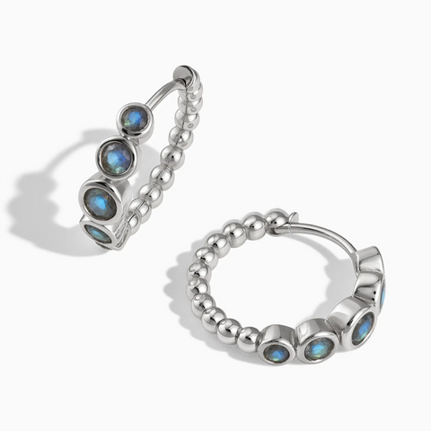 925 Sterling Silver Round Labradorite Bezel Hoop Earrings - Beaded Reverie Front View