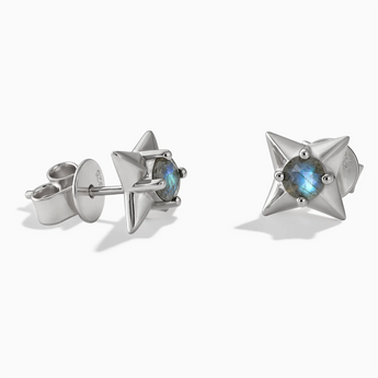 925 Sterling Silver Round Labradorite Four Point Star Stud Earrings - Wishkeeper Front View
