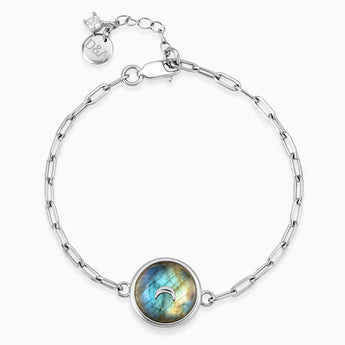 925 Sterling Silver Round Labradorite Paperclip Bracelet - Solo Moon Front View