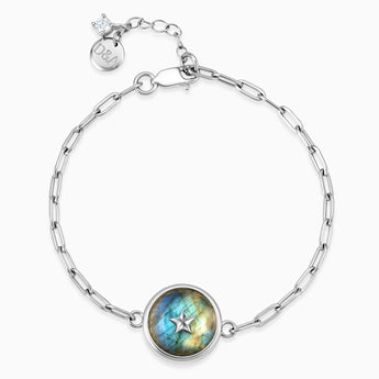 925 Sterling Silver Round Labradorite Paperclip Bracelet - Solo Star Front View