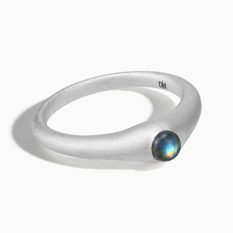 925 Sterling Silver Round Labradorite Sandblasted Dome Ring - Morning Frost Front View