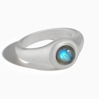925 Sterling Silver Round Labradorite Sandblasted Ring - Matte Sculpt Front View